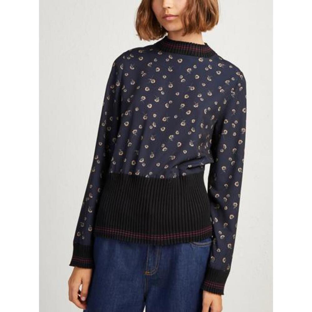 French Connection Navy Mahi Printed Ribbed Neckline Top - Size - Small